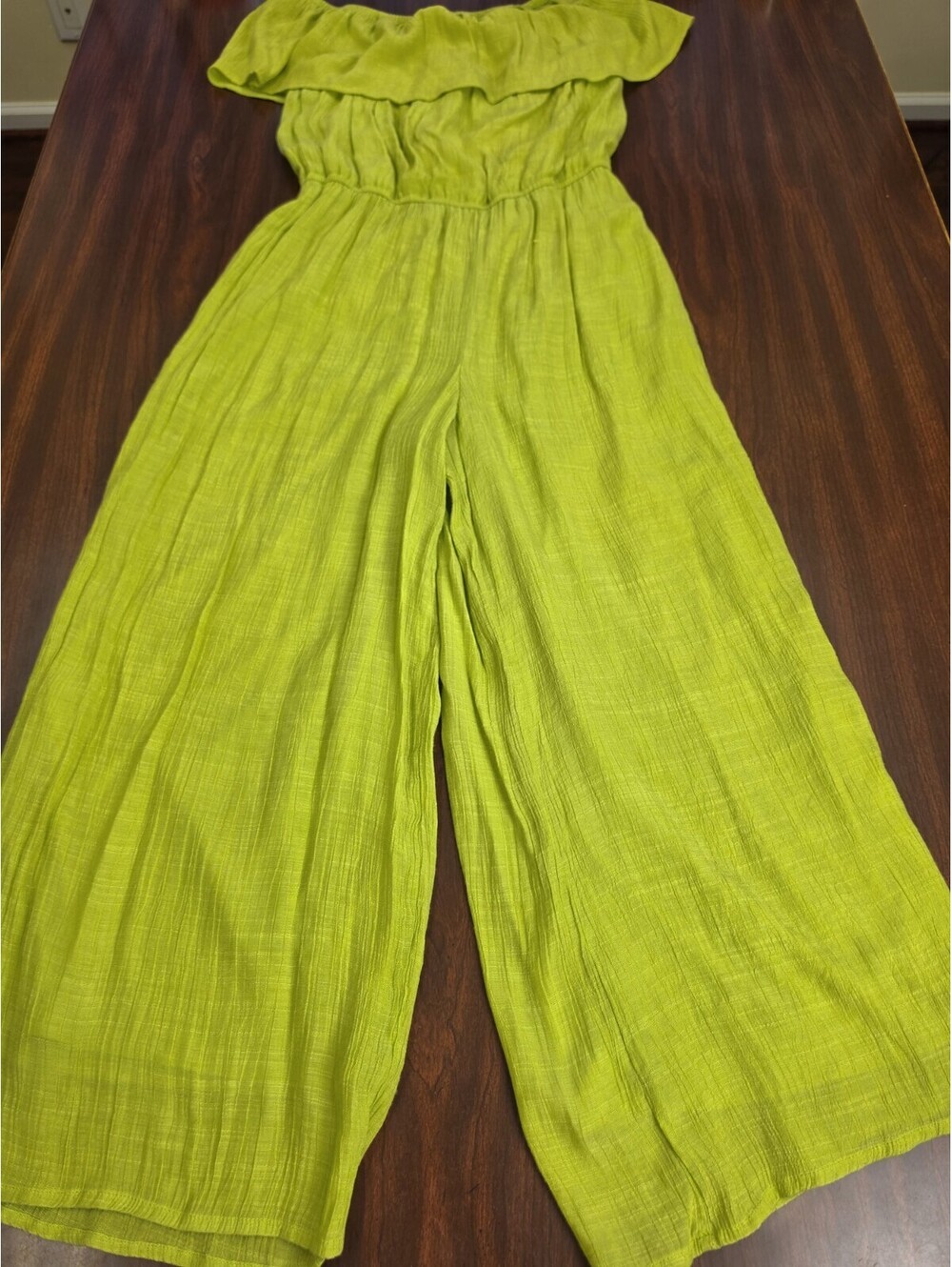 Tacera Jumpsuit Small Lime Green Off Shoulder Ruffle Wide Leg Boho Resortwear